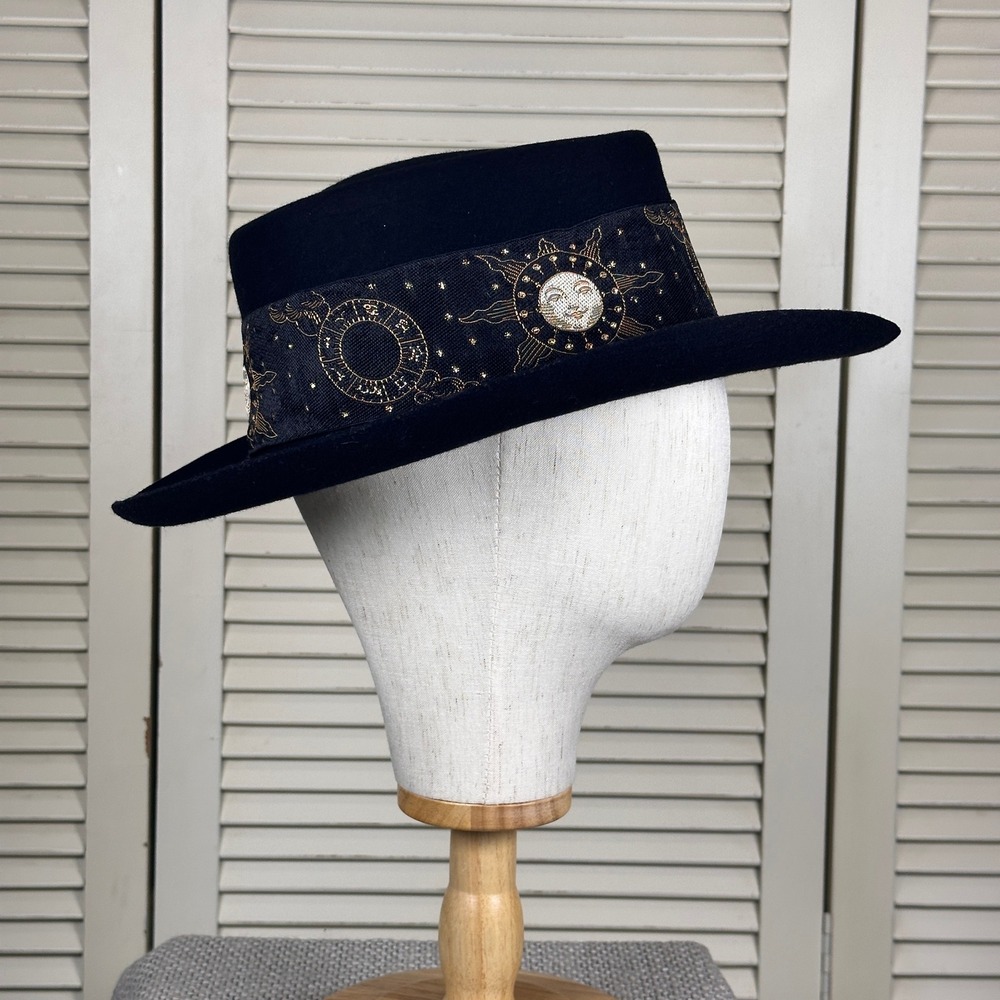 Vintage Italian Black Celestial Wool Fedora Sun Moon Gold Embroidered Ribbon Hat - Picture 6 of 8